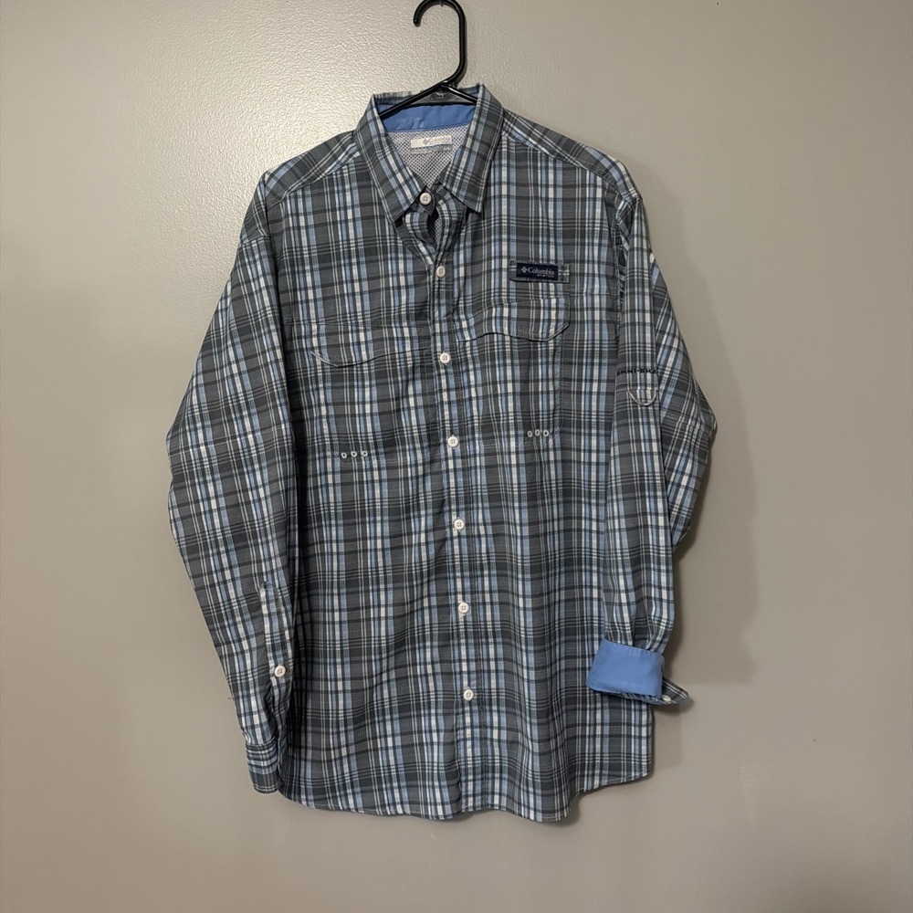 Columbia PFG Omni-Shade Vented Fishing Shirt Men's M Blue Plaid